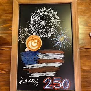 Chalkboard art with a latte celebrating America's 250th anniversary