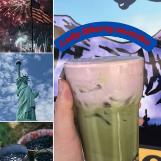 Iced Lady Liberty Matcha latte held up in front of Moca Joe's mural