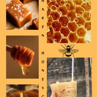 Shaken honey latte collage with honeycomb and a honey dipper